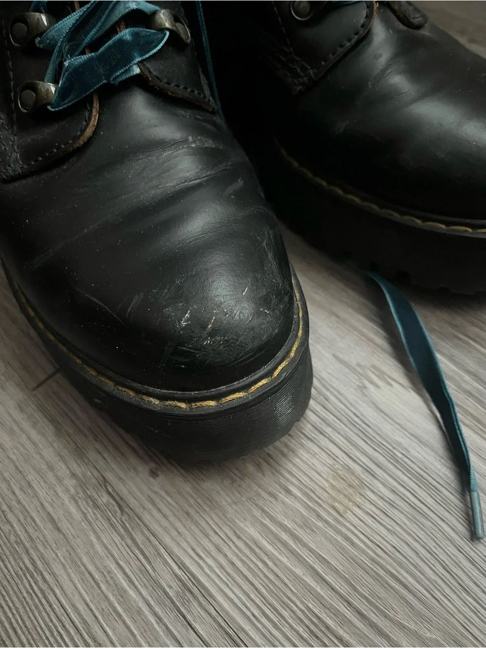 Dr. Martens Black Leather Combat Boots with Teal Laces - Picture 6 of 9
